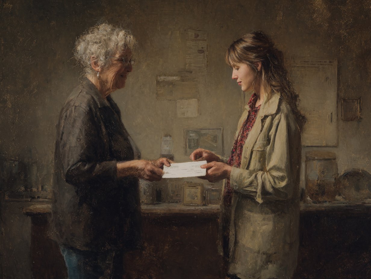 Volunteer handing a document to a visitor